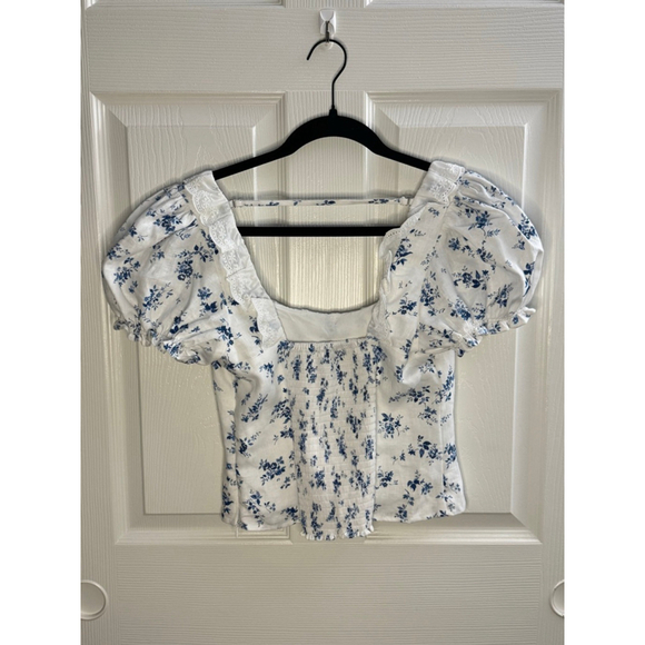 Reformation Alice Linen Blue Floral Puff Sleeve Top NWT Size S crop blouse - Picture 5 of 8